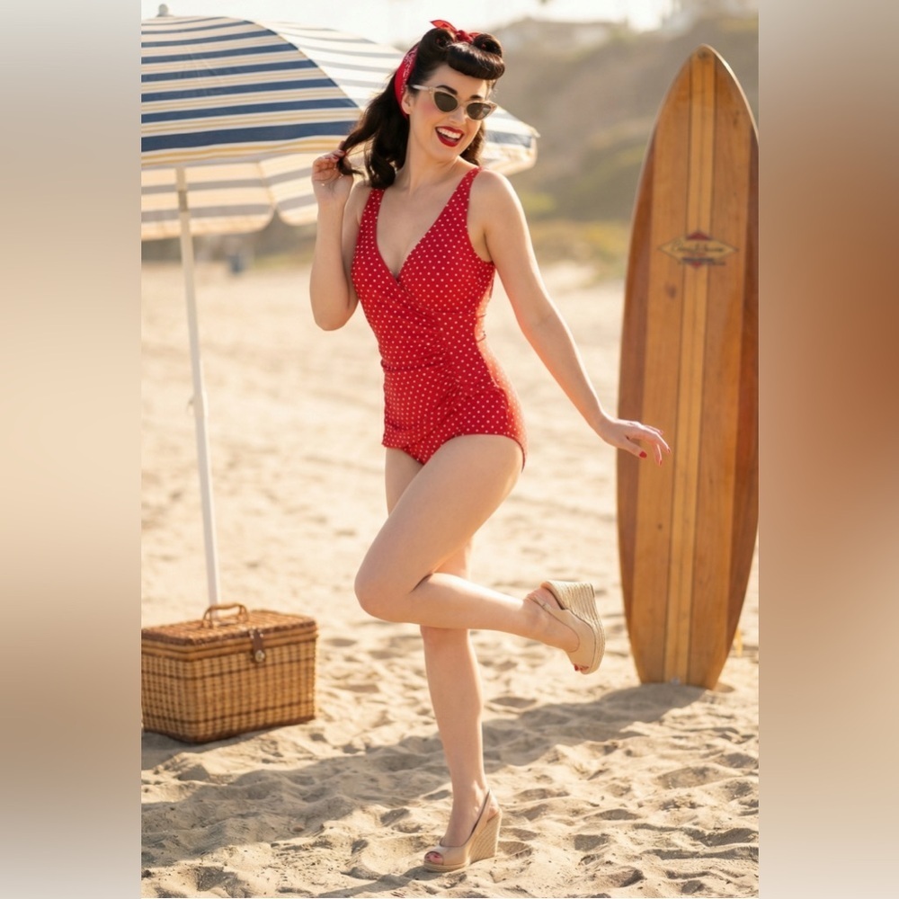 Vintage Jantzen Red white polka dot one piece wrap style swimsuit retro 50s - Picture 3 of 11